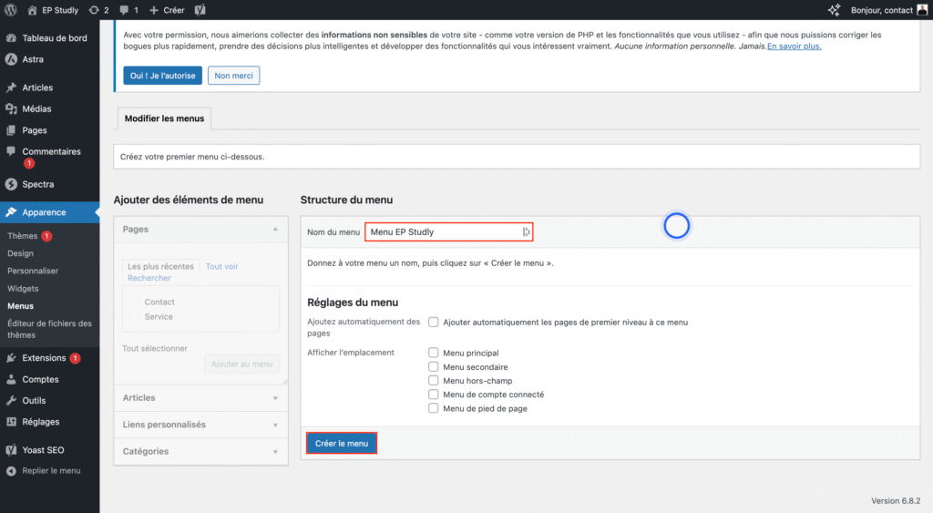Nommer menu wordpress