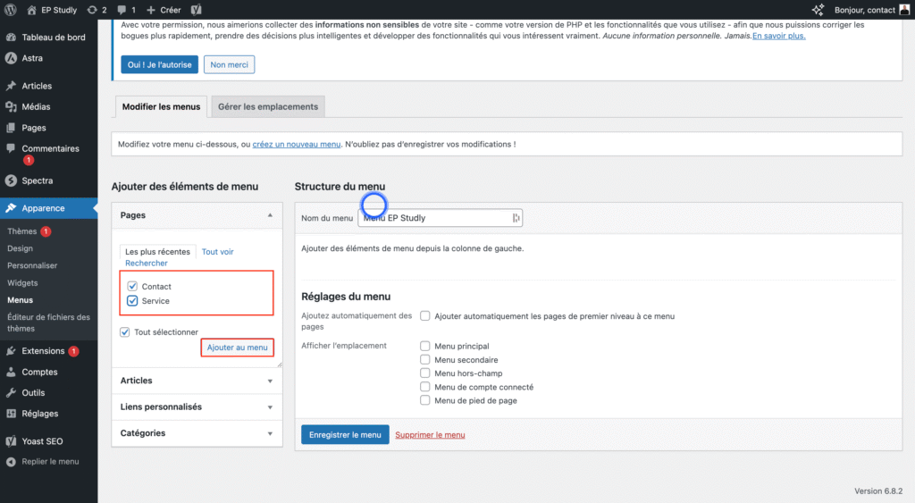 Pages du menu wordpress