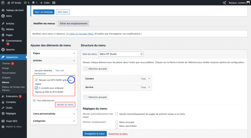 Articles du menu wordpress