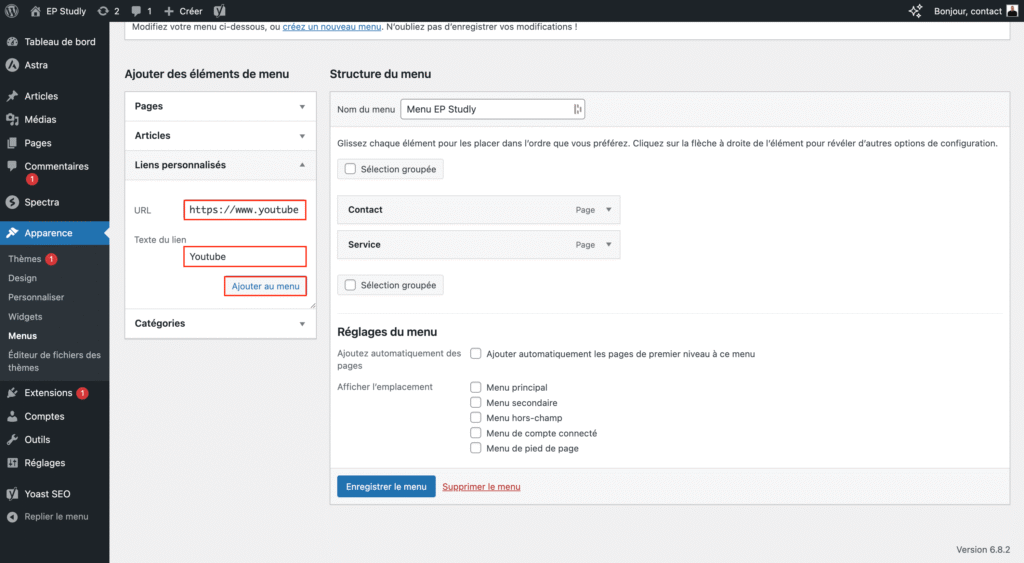 Liens personnalisés du menu wordpress