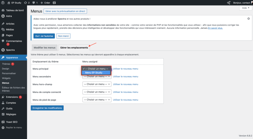 Gérer les emplacements du menu wordpress