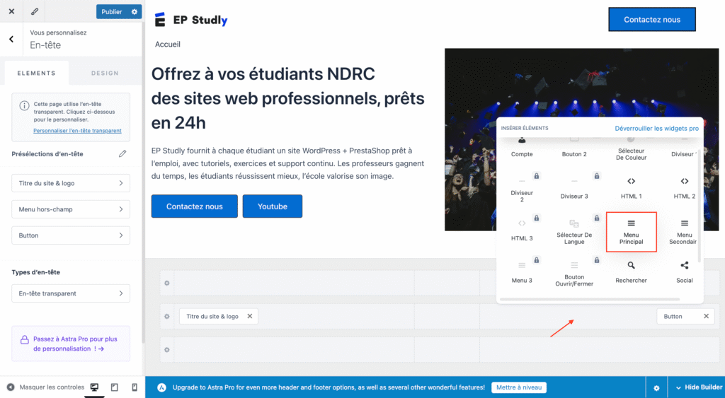 Ajouter le widget "menu principale"