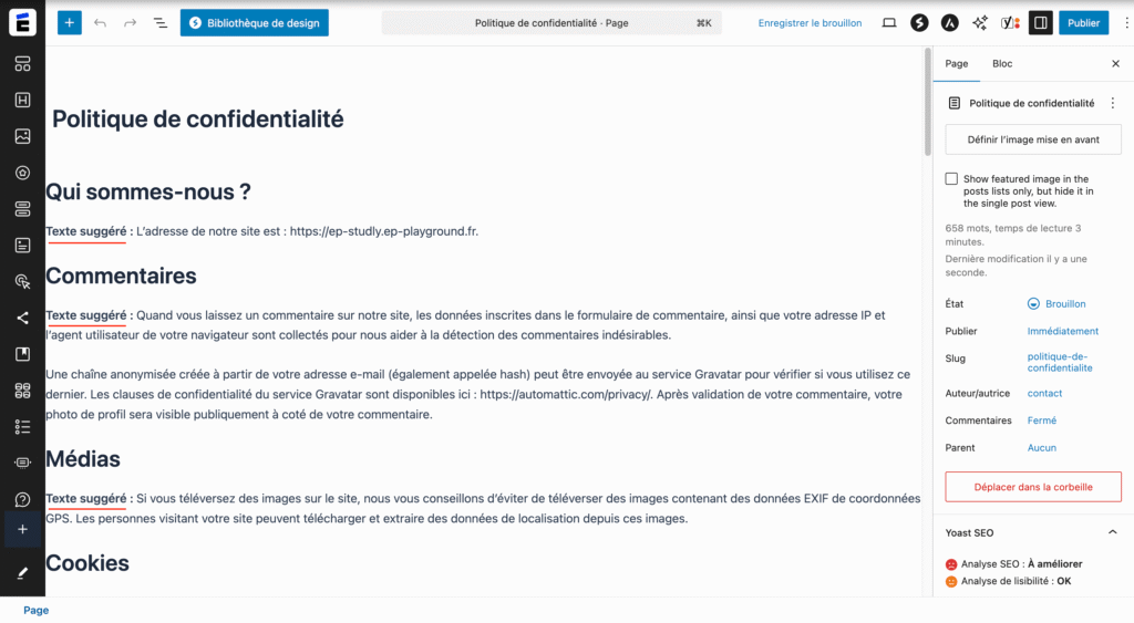 Personnaliser et adapter le contenu de votre page de politique de confidentialité