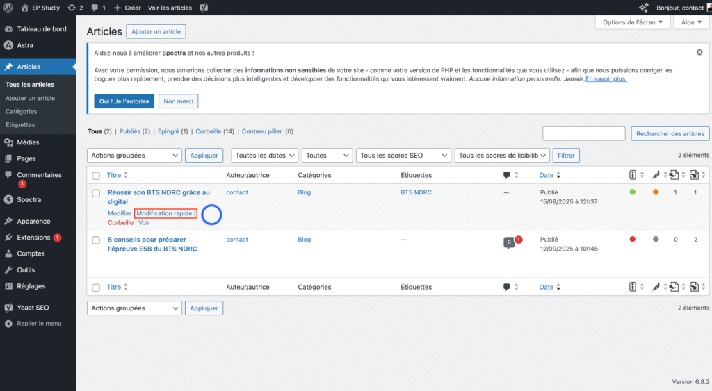 Épingler l’article via « Modification rapide »
