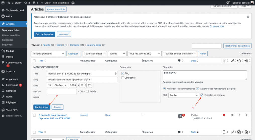 Cliquer sur "épingler ce contenu"
