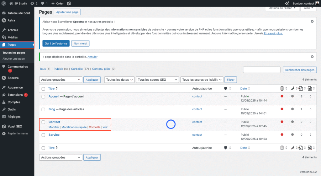 Sélectionner la page contact via le backoffice wordpress