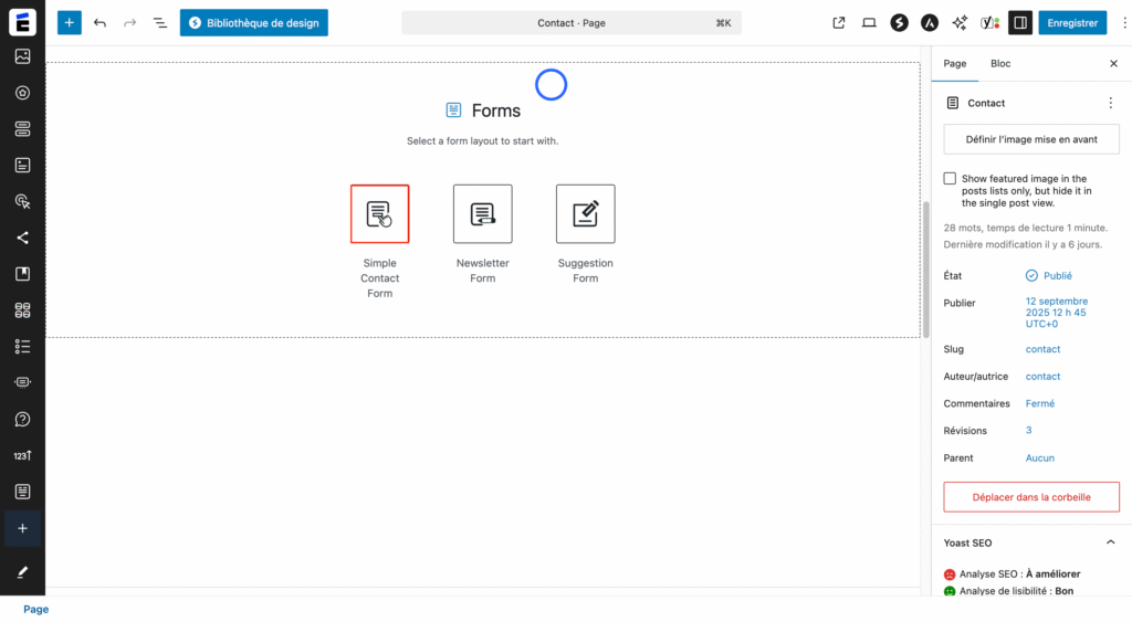 Sélectionner l'option "Simple Contact Form"
