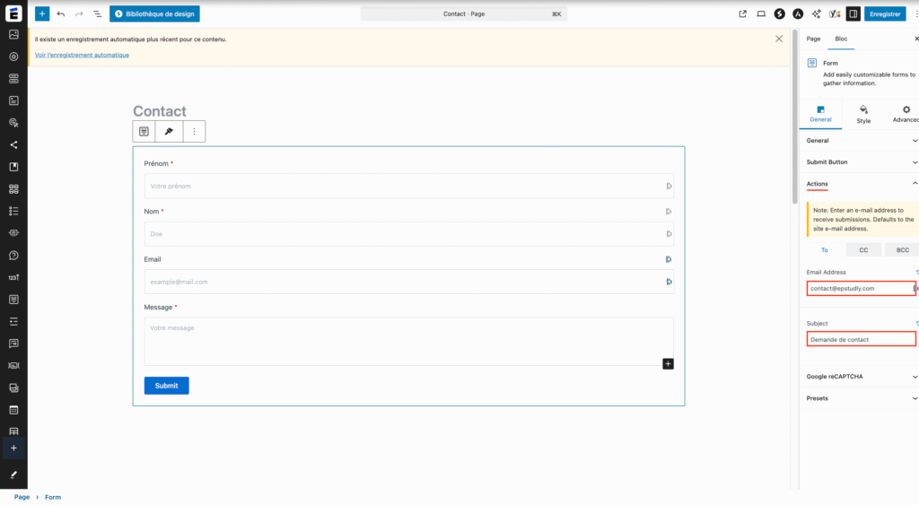 Configurer l’email de réception du formulaire de contact. 