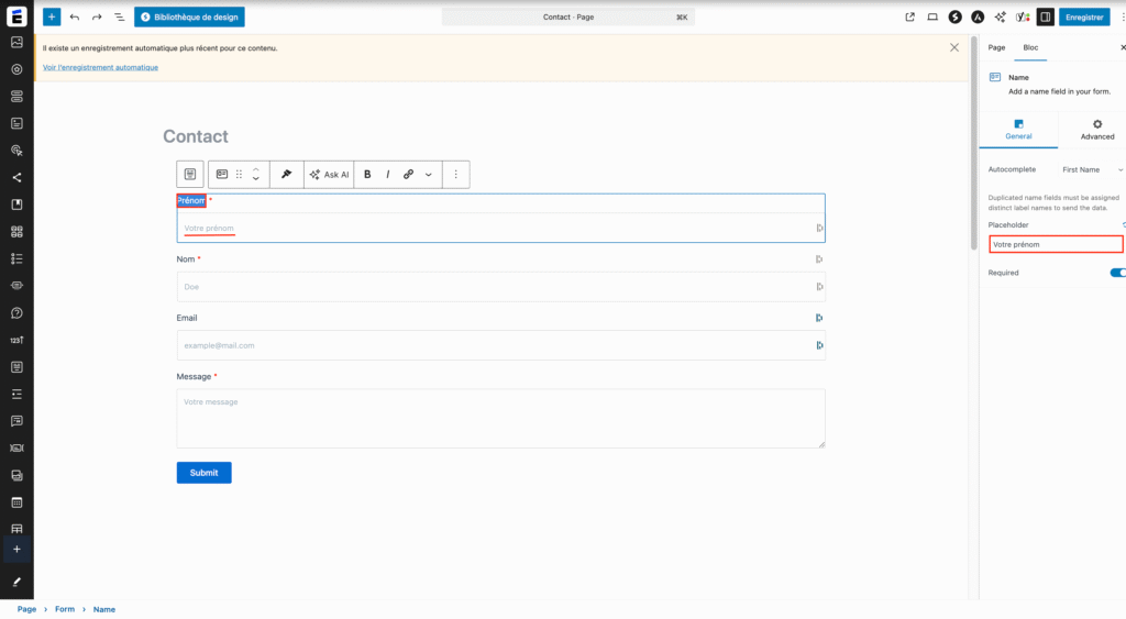Personnaliser les champs du formulaire