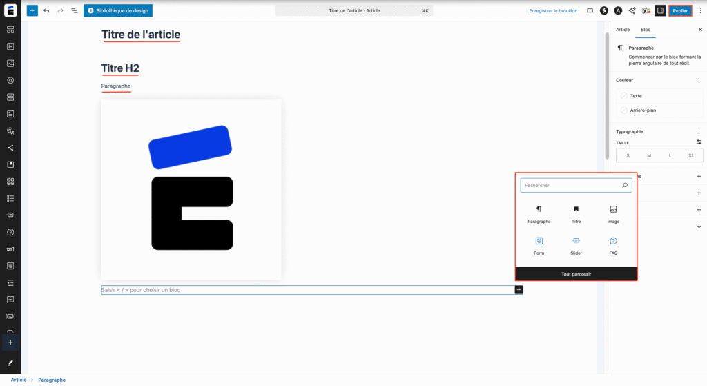 Ajouter les différents blocs