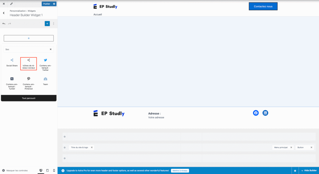 Sélectionner le widget "icônes de réseaux sociaux" 