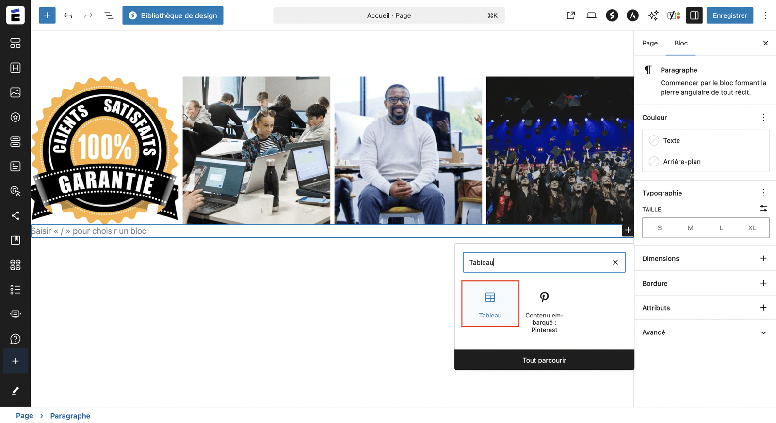 Sélectionner le widget tableau