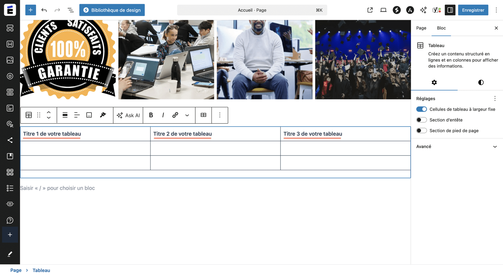 Insérer le contenu dans votre tableau