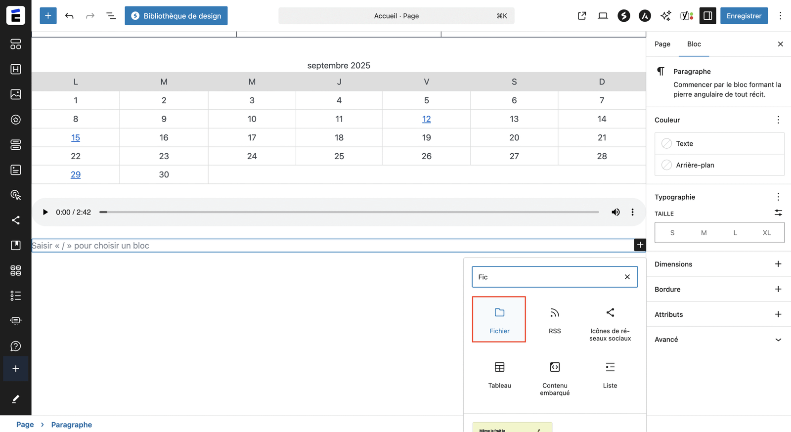 Insérer le bloc fichier