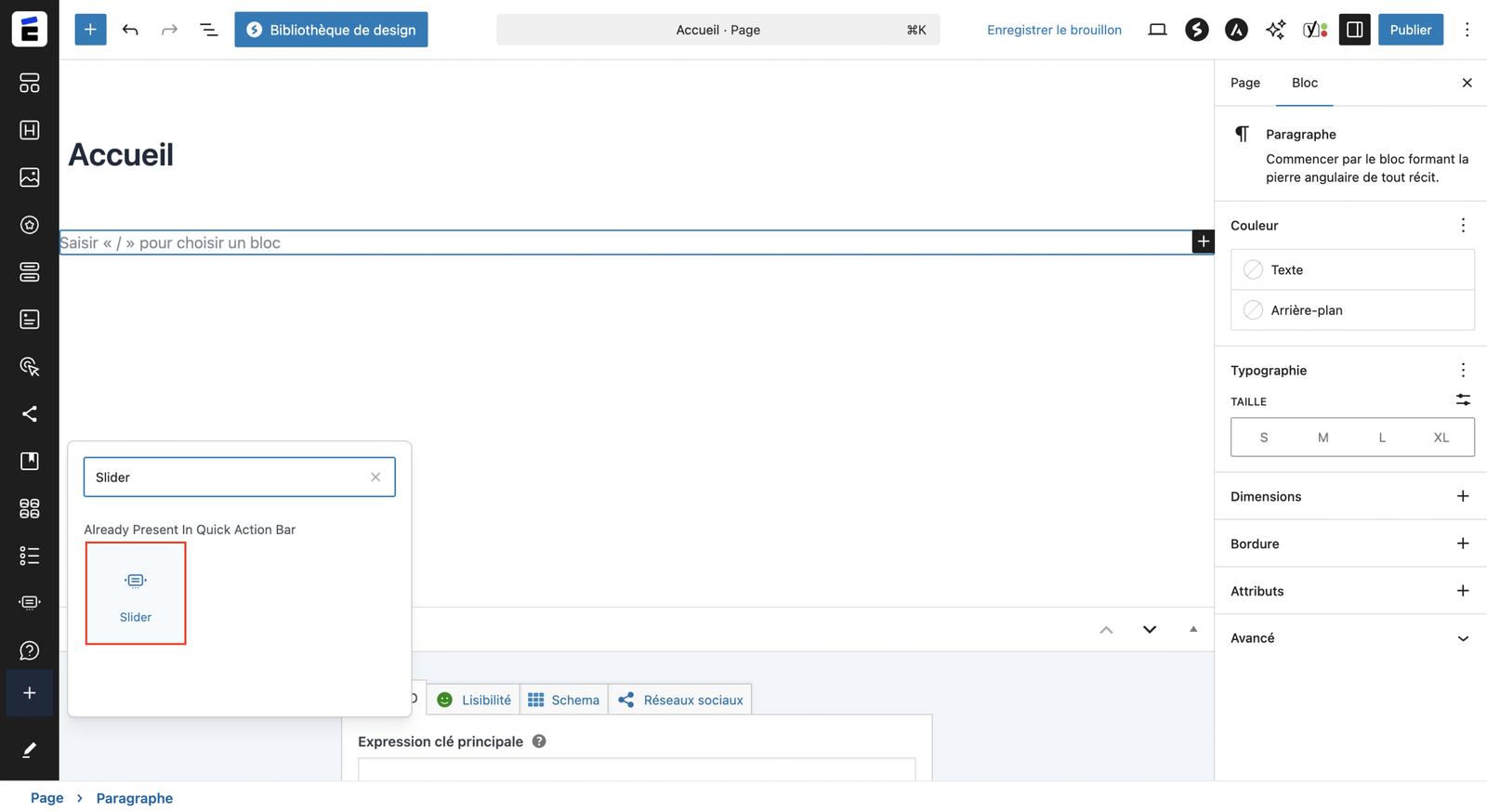 Insérer le widget Slider sur votre page